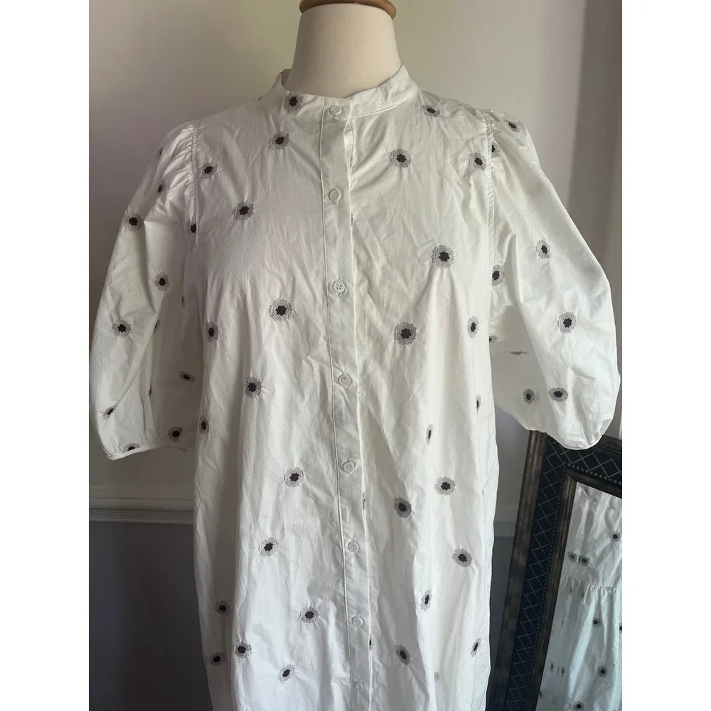 Zara White Poplin Ruffled Midi Dress Medium White Embroidered Floral - Picture 3 of 9
